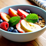 A vibrant, thick smoothie bowl, richly colored with a base of frozen tropical fruits like blended banana and mixed berries, subtly incorporating a hint of green from hidden spinach. It is artfully topped with an abundance of fresh, colorful fruits such as sliced strawberries, blueberries, mango, and kiwi, alongside crunchy homemade granola, chia seeds, and whole almonds. The bowl is presented on a clean, light wooden table, bathed in soft, natural morning light, creating an appetizing and Instagram-worthy display. professional food photography, high resolution, sharp focus, bright studio lighting, safe for work, appropriate content, family-friendly.