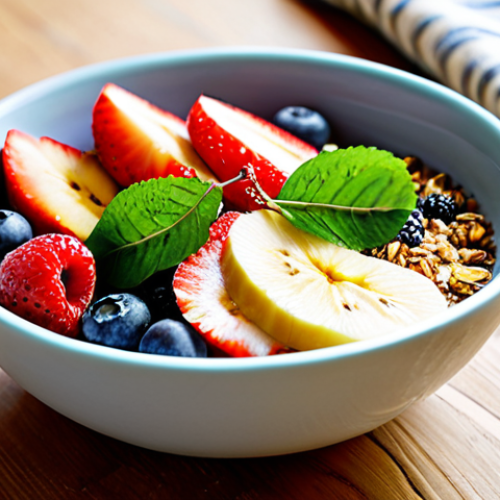 Home 11 A vibrant, thick smoothie bowl, richly colored with a base of frozen tropical fruits like blended banana and mixed berries, subtly incorporating a hint of green from hidden spinach. It is artfully topped with an abundance of fresh, colorful fruits such as sliced strawberries, blueberries, mango, and kiwi, alongside crunchy homemade granola, chia seeds, and whole almonds. The bowl is presented on a clean, light wooden table, bathed in soft, natural morning light, creating an appetizing and Instagram-worthy display. professional food photography, high resolution, sharp focus, bright studio lighting, safe for work, appropriate content, family-friendly.