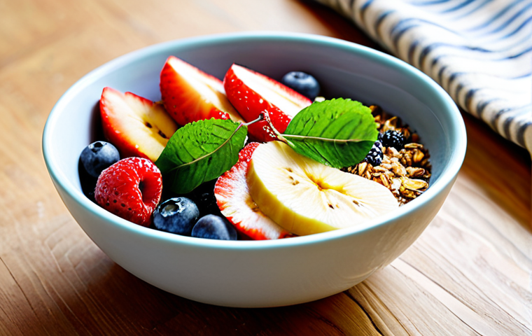 A vibrant, thick smoothie bowl, richly colored with a base of frozen tropical fruits like blended banana and mixed berries, subtly incorporating a hint of green from hidden spinach. It is artfully topped with an abundance of fresh, colorful fruits such as sliced strawberries, blueberries, mango, and kiwi, alongside crunchy homemade granola, chia seeds, and whole almonds. The bowl is presented on a clean, light wooden table, bathed in soft, natural morning light, creating an appetizing and Instagram-worthy display. professional food photography, high resolution, sharp focus, bright studio lighting, safe for work, appropriate content, family-friendly.