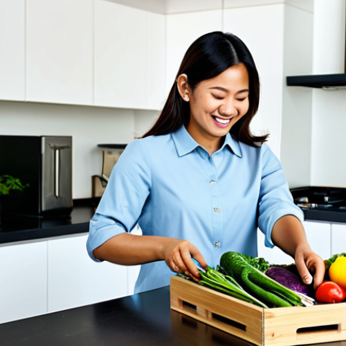 Home 6 A professional Malaysian woman, fully clothed in modest business casual attire, standing by a modern kitchen island, happily unboxing a vibrant organic vegetable delivery box. Her hands are gently arranging the fresh, crisp, colorful local vegetables, which include an abundant variety of leafy greens, root vegetables, and unique Malaysian ulam. The kitchen is clean, well-lit, and contemporary, reflecting a busy yet health-conscious lifestyle. Perfect anatomy, correct proportions, natural pose, well-formed hands, proper finger count, natural body proportions. Professional photography, high resolution, soft natural lighting. Safe for work, appropriate content, fully clothed, professional, family-friendly.
