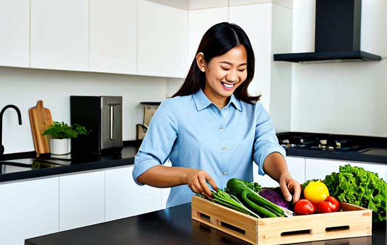 A professional Malaysian woman, fully clothed in modest business casual attire, standing by a modern kitchen island, happily unboxing a vibrant organic vegetable delivery box. Her hands are gently arranging the fresh, crisp, colorful local vegetables, which include an abundant variety of leafy greens, root vegetables, and unique Malaysian ulam. The kitchen is clean, well-lit, and contemporary, reflecting a busy yet health-conscious lifestyle. Perfect anatomy, correct proportions, natural pose, well-formed hands, proper finger count, natural body proportions. Professional photography, high resolution, soft natural lighting. Safe for work, appropriate content, fully clothed, professional, family-friendly.